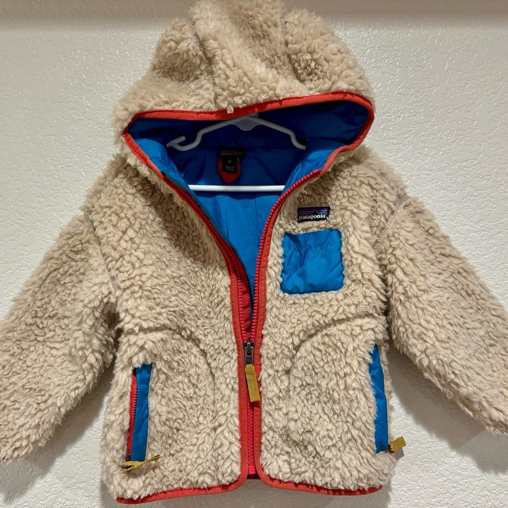 Patagonia Cream Fleece Jacket with Red and Blue Details
